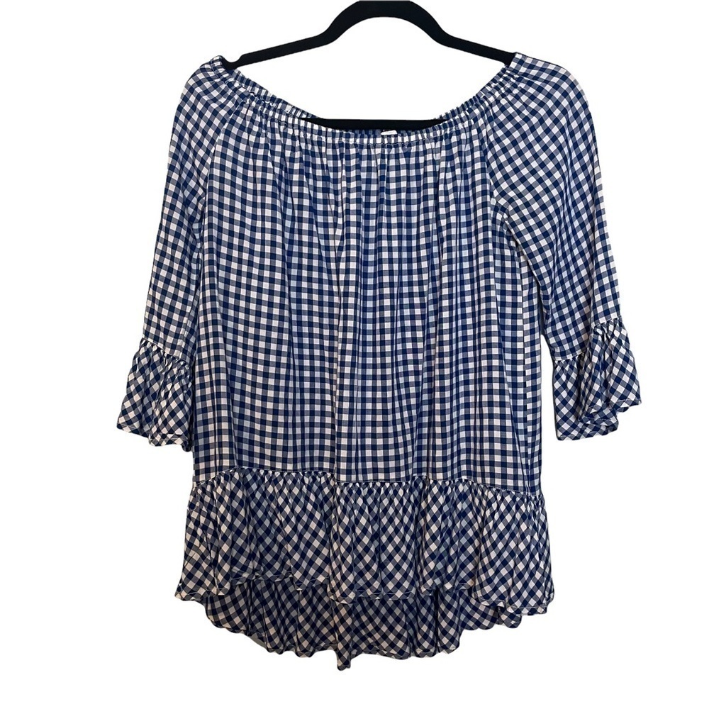 Beach lunch lounge Blue & White Gingham High Low Bell Sleeves Viscose To…